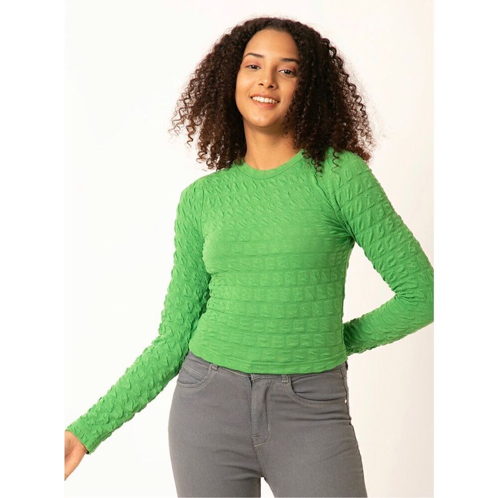 Green bubble knit long sleeve blouse